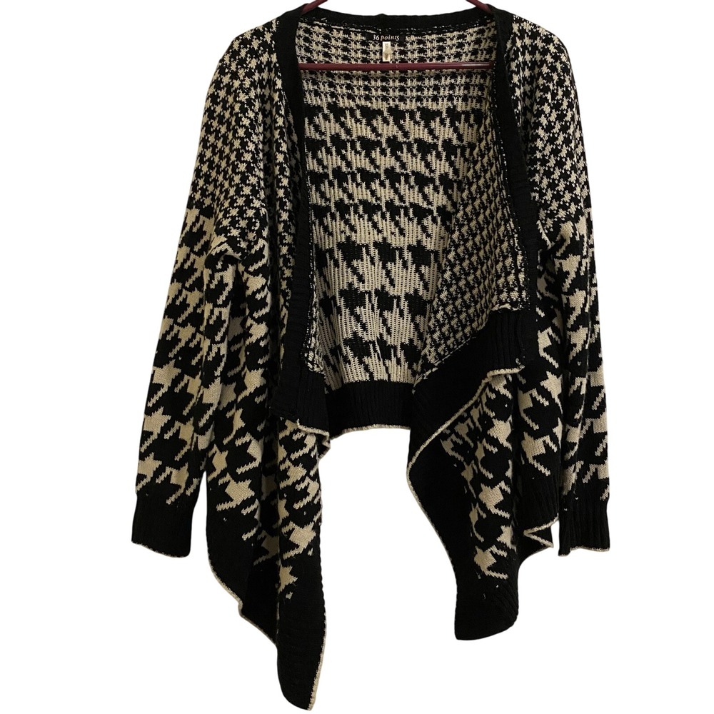36 Point 5 Cascading Houndstooth Cardigan One Size Black & White Long Sleeve